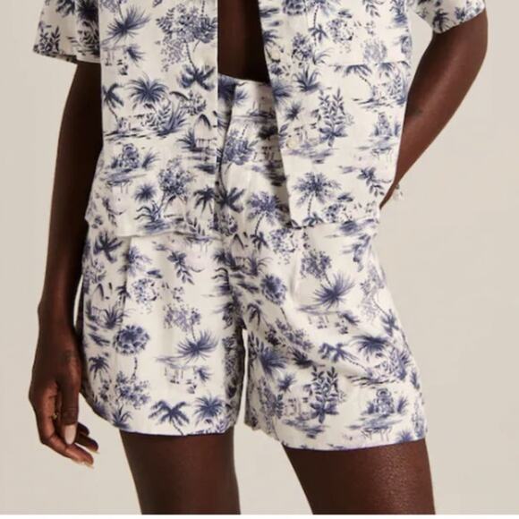 Abercrombie & Fitch Linen Blend Printed Tropical Shorts White Blue XL - Picture 1 of 8